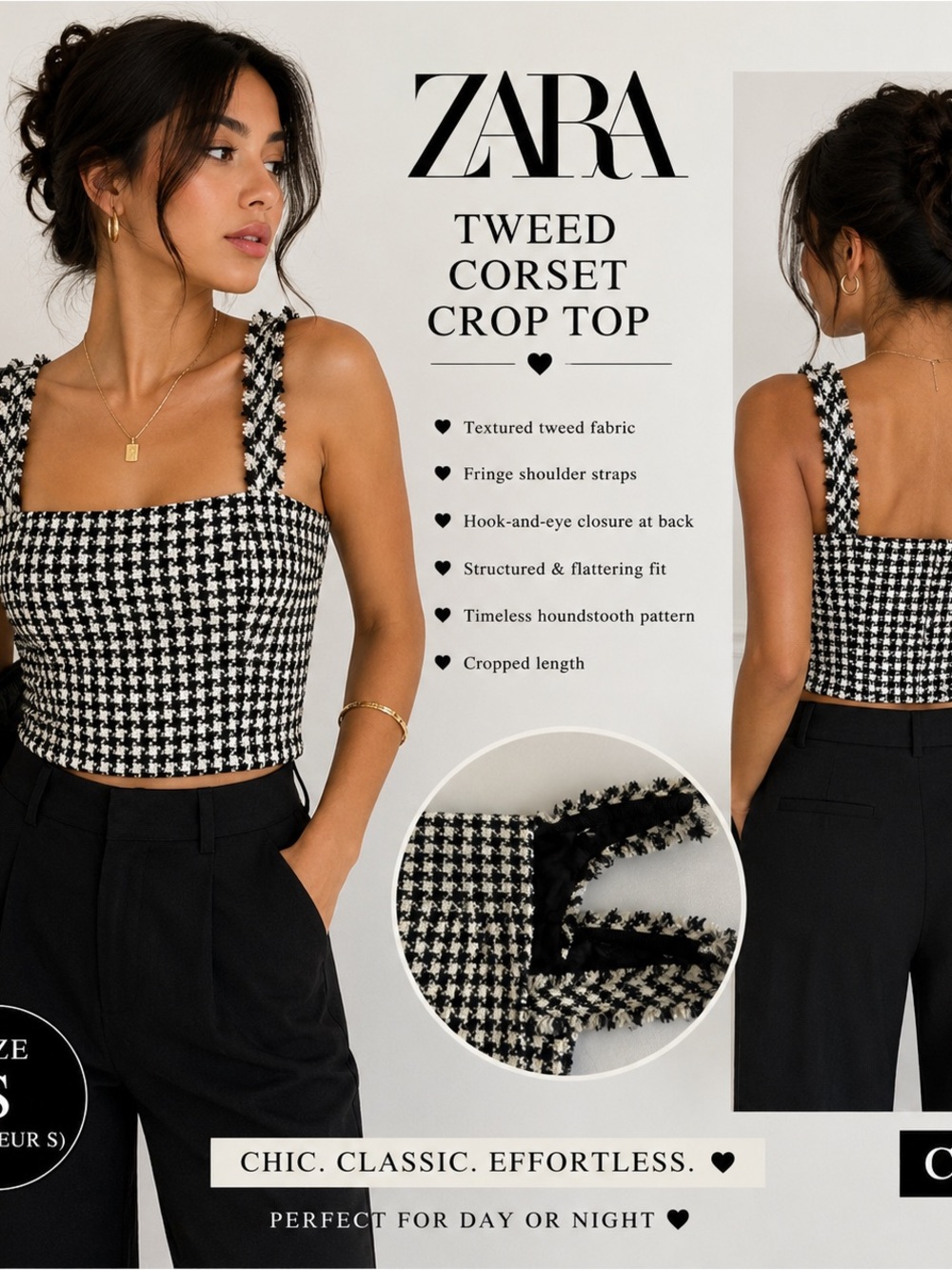 ZARA Black & White Houndstooth Tweed Corset Crop Top